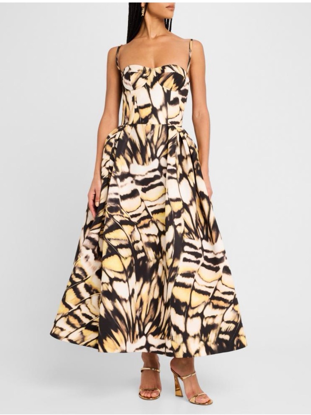 Oscar de la Renta Black, White & Yellow Strap Bodice Maxi Dress